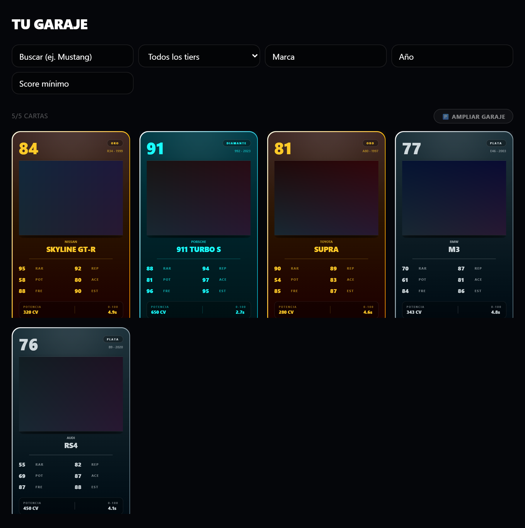 Pantalla Garaje con varias cartas de coches en CarDraft