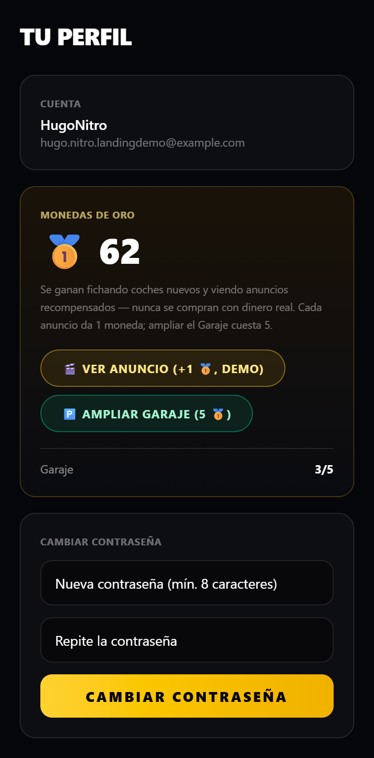 Pantalla Perfil con monedas de oro en CarDraft